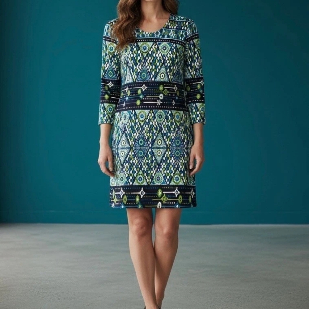Tory Burch Peacock Mosaic Silk Jersey Sheath Dress Long Sleeve 4 Teal Aqua